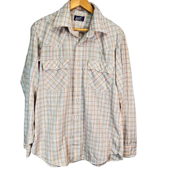 Vintage 1980s Levi's Western Plaid Pearl Snap Shirt Made in USA Men's Large - Picture 1 of 5